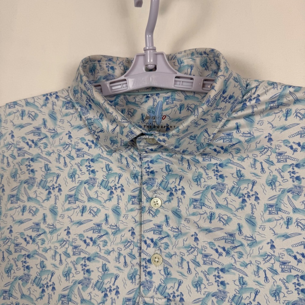 johnnie-O Featherweight Polo Shirt Mens Large White Blue Beach Surf Large READ